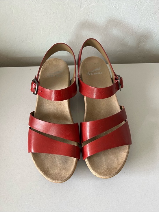 Dansko Shoes - Dansko Brick Red Leather Lindsay Wedge Buckle Sandal Size 39